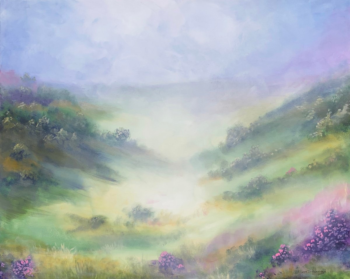 Photorealistic Landscape Acrylic Painting By Danguole Serstinskaja, 39 X 32, Light Of A Foggy Morning, Original Artwork