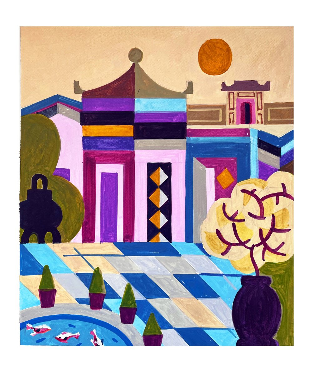 Urban And Pop Cityscapes Acrylic Painting By Andre Baldet, 13 X 15, Vietnam_Hue-02, Original Artwork