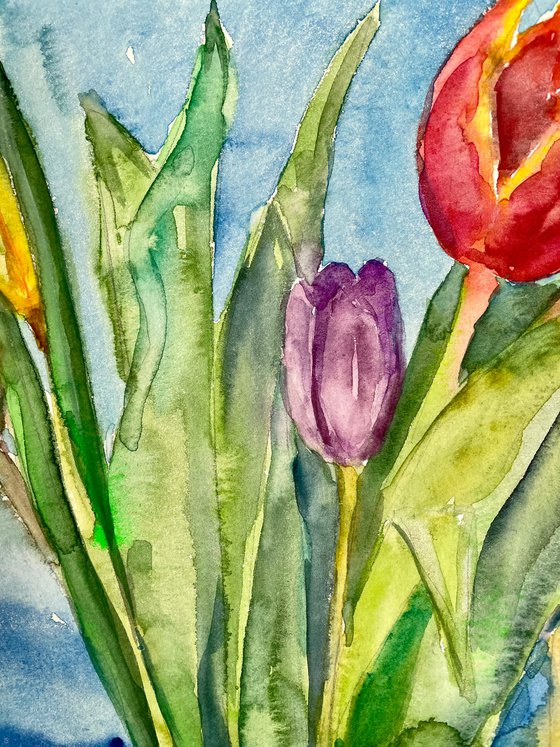 Tulips Original Watercolor Painting, Mothers Day Gift, Boho Colorful Wall Decor