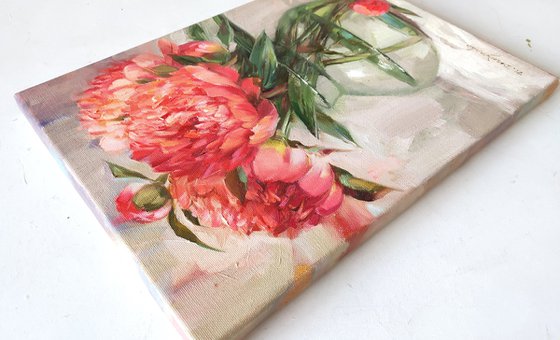 Coral flower painting on canvas, Peony painting original oil, Mothers day painting gift, Flowers in a vase paintings