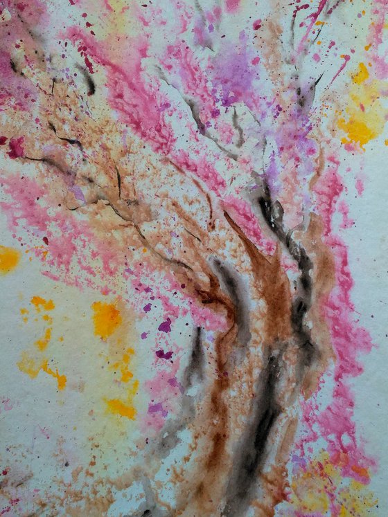 Cherry Tree Painting Flowering Tree Original Art Blooming Tree Watercolor Artwork Small Home Wall Art 12 by 17" by Halyna Kirichenko