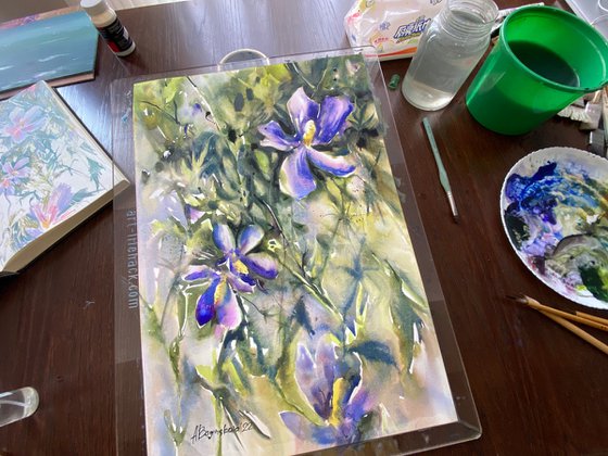 Violet flowers - floral watercolor