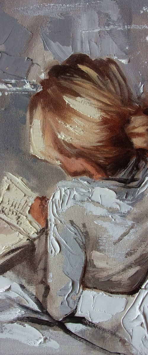 " READING IN BED ... " book lover original painting ROOM  palette knife GIFT brown by Monika Luniak