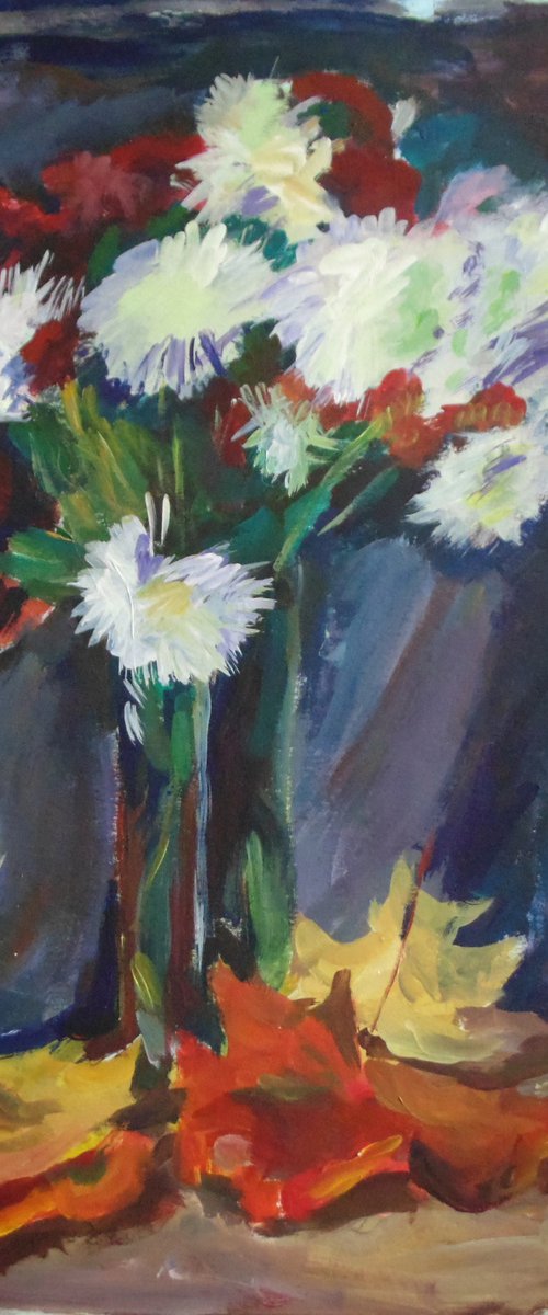 Flowers and dry leaves. Acrylic paints on dense primed paper. 42 x 60 cm by Alexander Shvyrkov