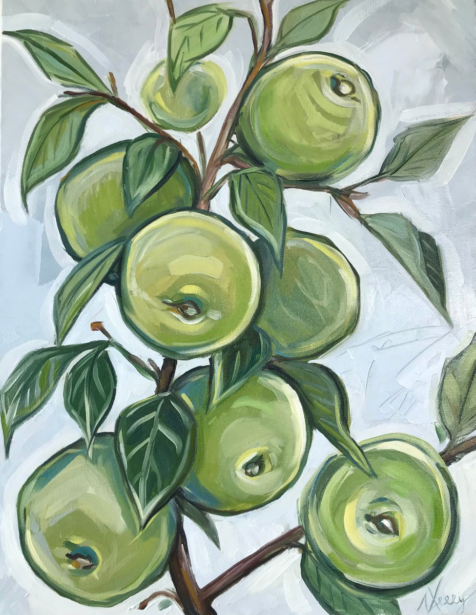 Green apple tree still life oil painting on canvas 41x32 by Leysan Khasanova