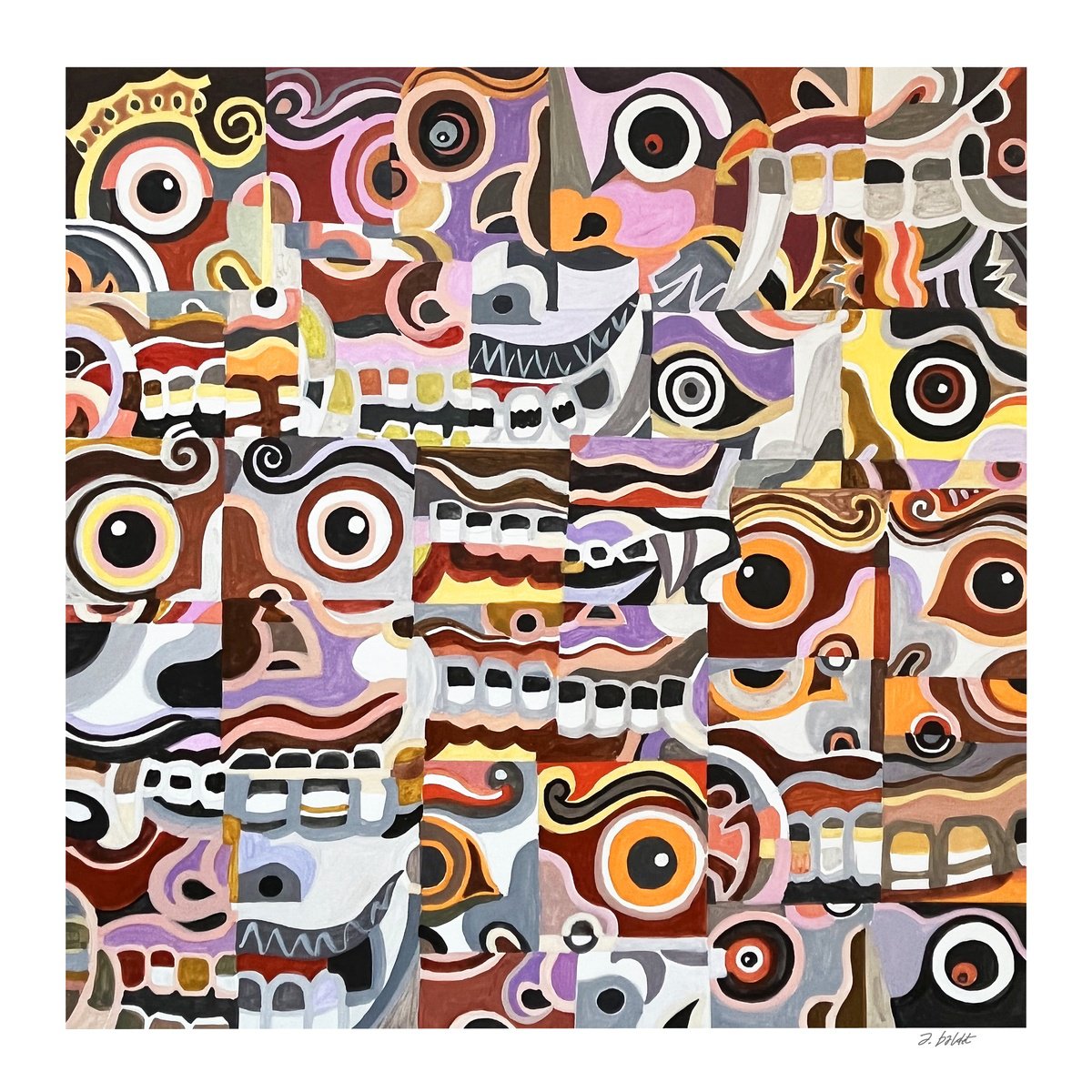 Urban And Pop Acrylic Painting , Balinese-Masks-Composition By Andre Baldet, 17 X 17, Artwork For Sale On Artfinder