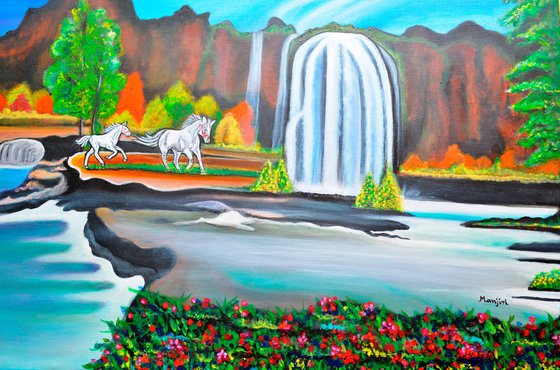 Landscape with Waterfall horses and Garden
