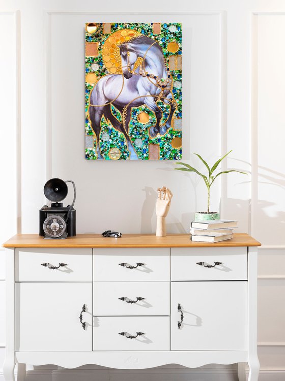 Pearl silver horse. Sun in the forest