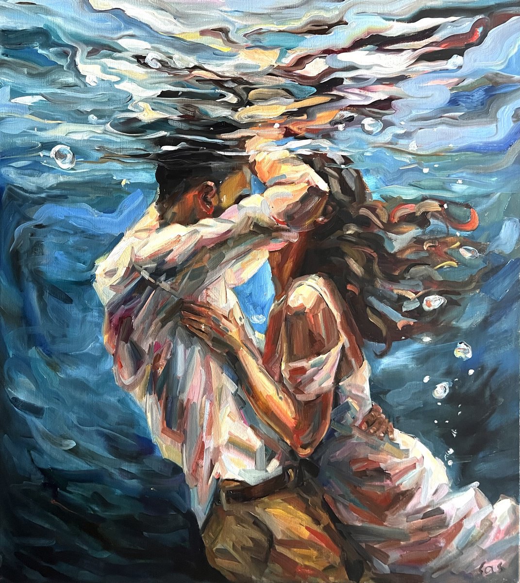 Expressive Portrait Oil Painting By Liubou Sas, 31 X 35", Kiss, Original Artwork