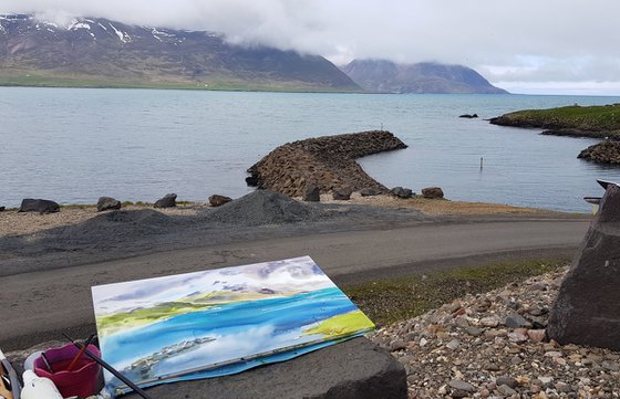 Watercolor landscape. Fjorda in Iceland.