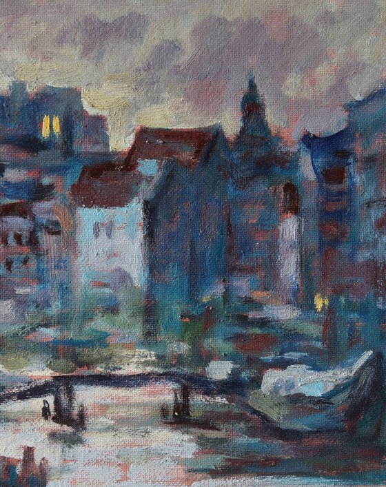 Original Oil Painting Wall Art Signed unframed Hand Made Jixiang Dong Canvas 25cm × 20cm Cityscape Evening in Amsterdam House Small Impressionism Impasto