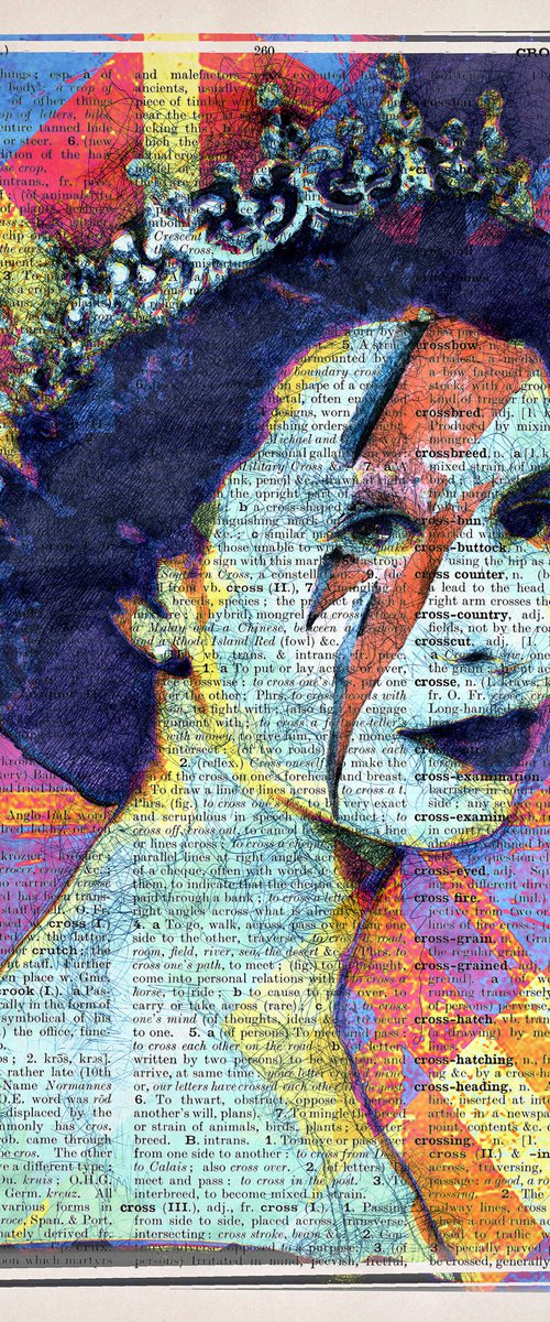 Queen Elizabeth II - Ziggy Stardust Makeup - Pop Art Collage Art on Large Real English Dictionary Vintage Book Page by Jakub DK - JAKUB D KRZEWNIAK