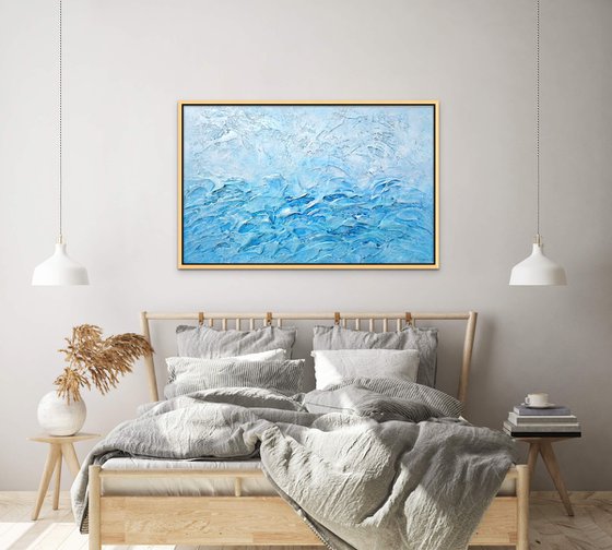 OCEAN SONG. Large Abstract Blue Silver White Textured Painting