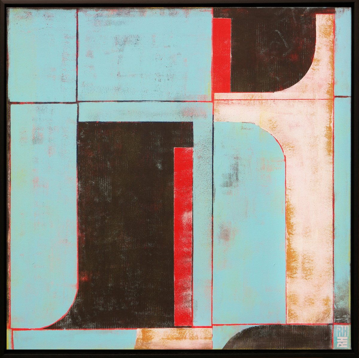 Abstract Acrylic Painting By Ronald Hunter, 33 X 33", Circle In Circle Black & Blue, Original Artwork