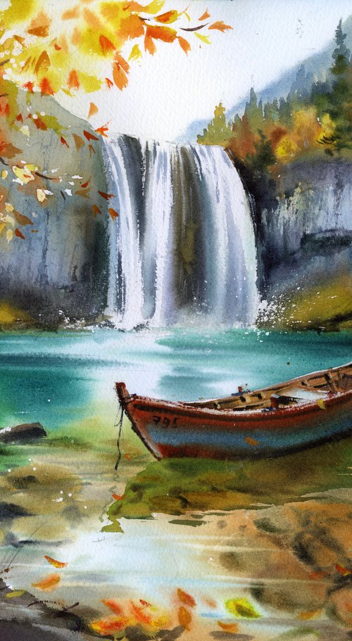 Boat Beneath Autumn’s Cascade by Eugenia Gorbacheva