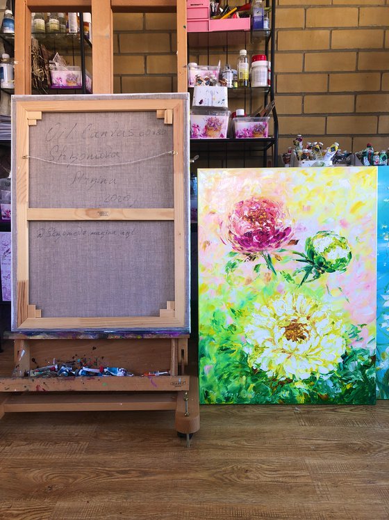 WINDOW TO THE GARDEN - Peonies. Diptych. Pink peony. Chrysanthemums. White. Voluminous bud. Macro style. two paintings. Flower set.