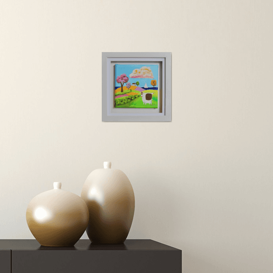 small folk art house and cow canvas painting