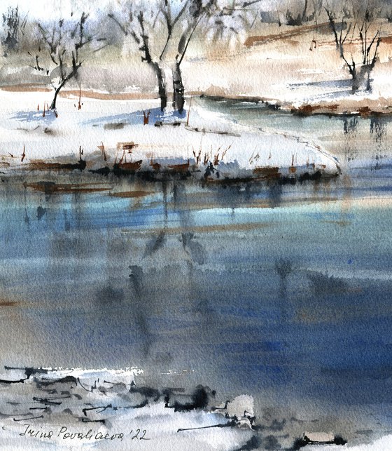 Winter river original watercolour landscape , blue sky forect painting, countryside artwork, gift idea