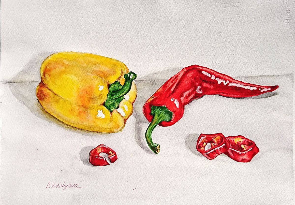 Sweet and Hot. Watercolor painting on paper. Still life. Original artwork by Svetlana Vorobyeva