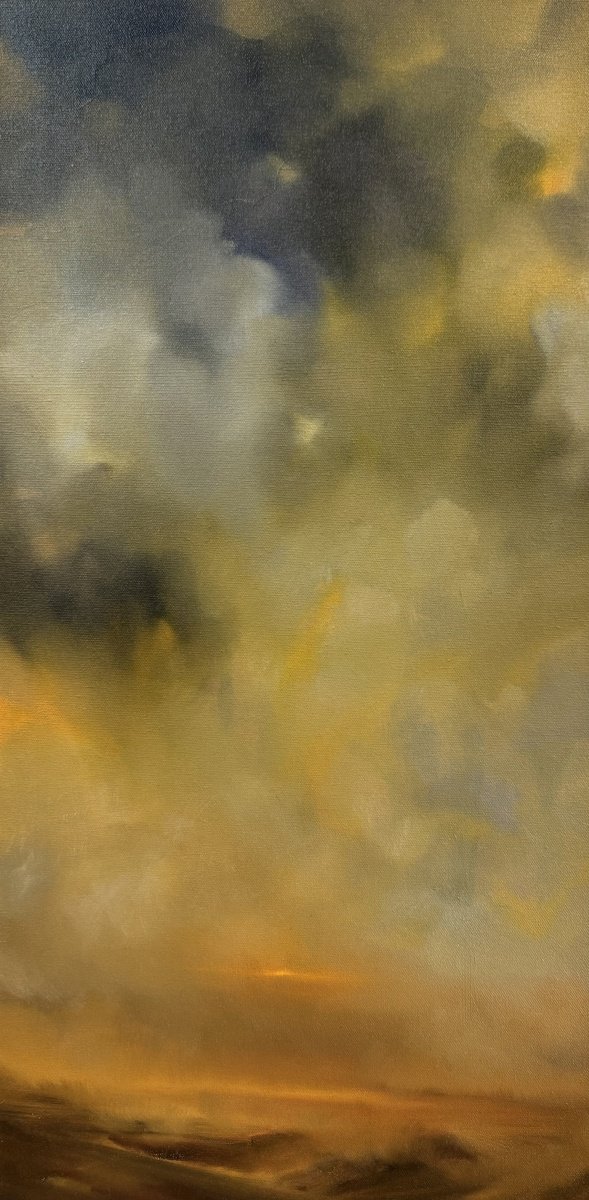 Impressionistic Landscape Oil Painting By Daiva Karaliute, 14 X 26, A Lighthouse In A Strange Mist, Original Artwork