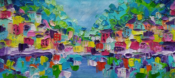 Azure coast - city, cityscape, sea, city oil painting, seascape, cityscape oil painting, city and sea, city lights