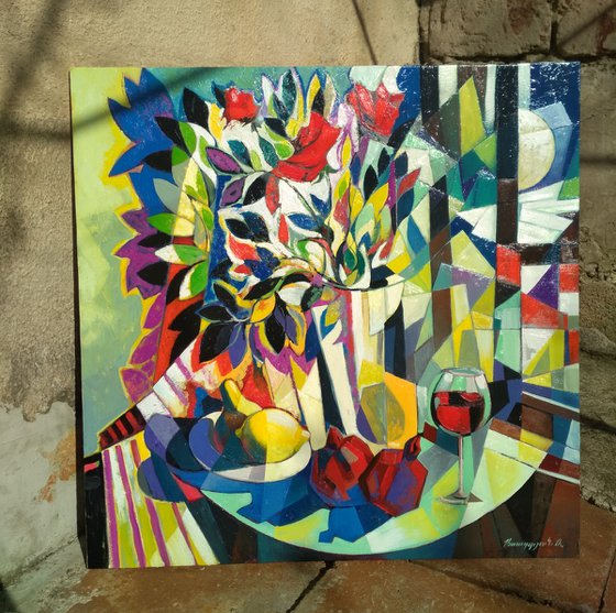 Still life with wine and pomegranates (80x80cm, cubism, oil painting, ready to hang)