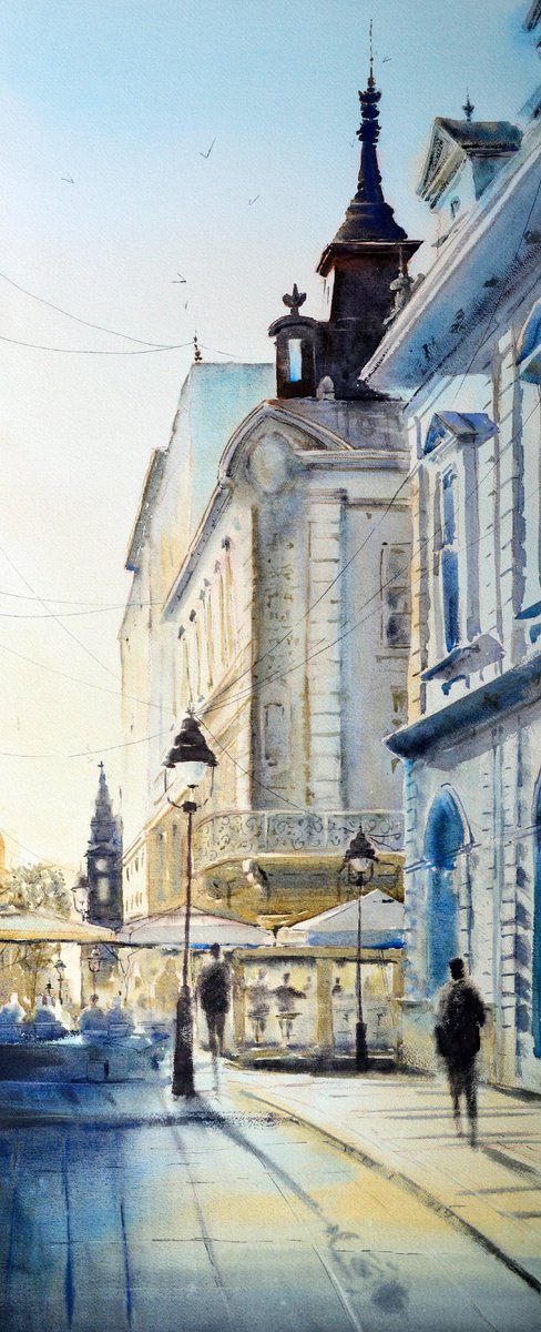 Impressionistic Cityscapes Watercolour By Nenad Kojic, 15 X 35", Sunny Day At Corner Of Knez Bel, Original Artwork