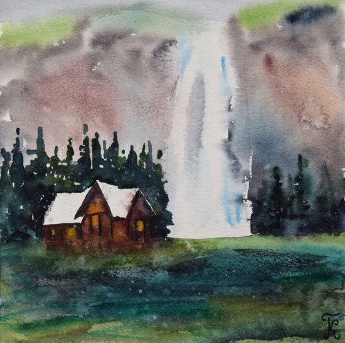 Waterfall landscape original watercolor painting, woodland house art by Kate Grishakova