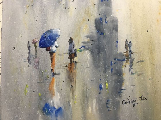 SOLD Watercolor “Lady with blue umbrella” special gift