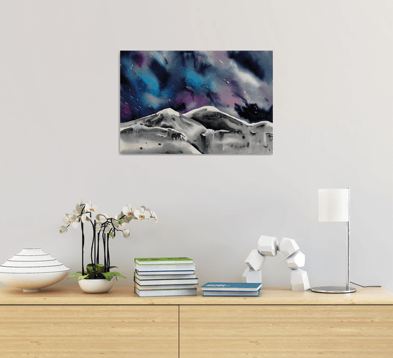 Northern Lights painting \Moutain range painting