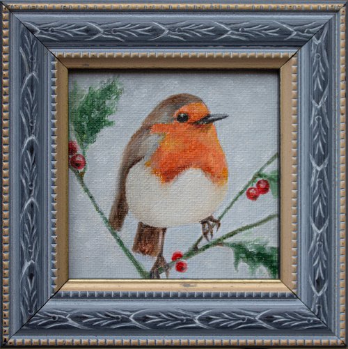 Christmas Robin Tiny Framed oil painting by Mila Moroko