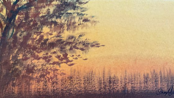 River tree, reeds, sunset, dusk