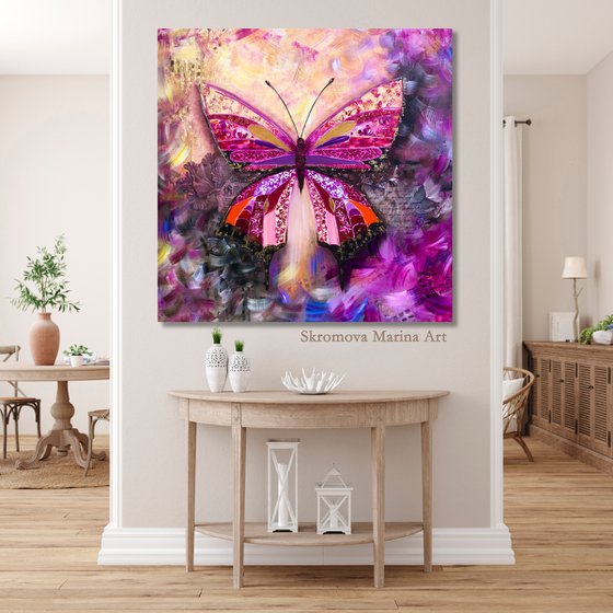 PINK PASSION - Modern pink butterfly. Steampunk style butterfly. Beautiful butterfly. Magic butterfly. Unusual wings. Flight. Crystals. Gold.