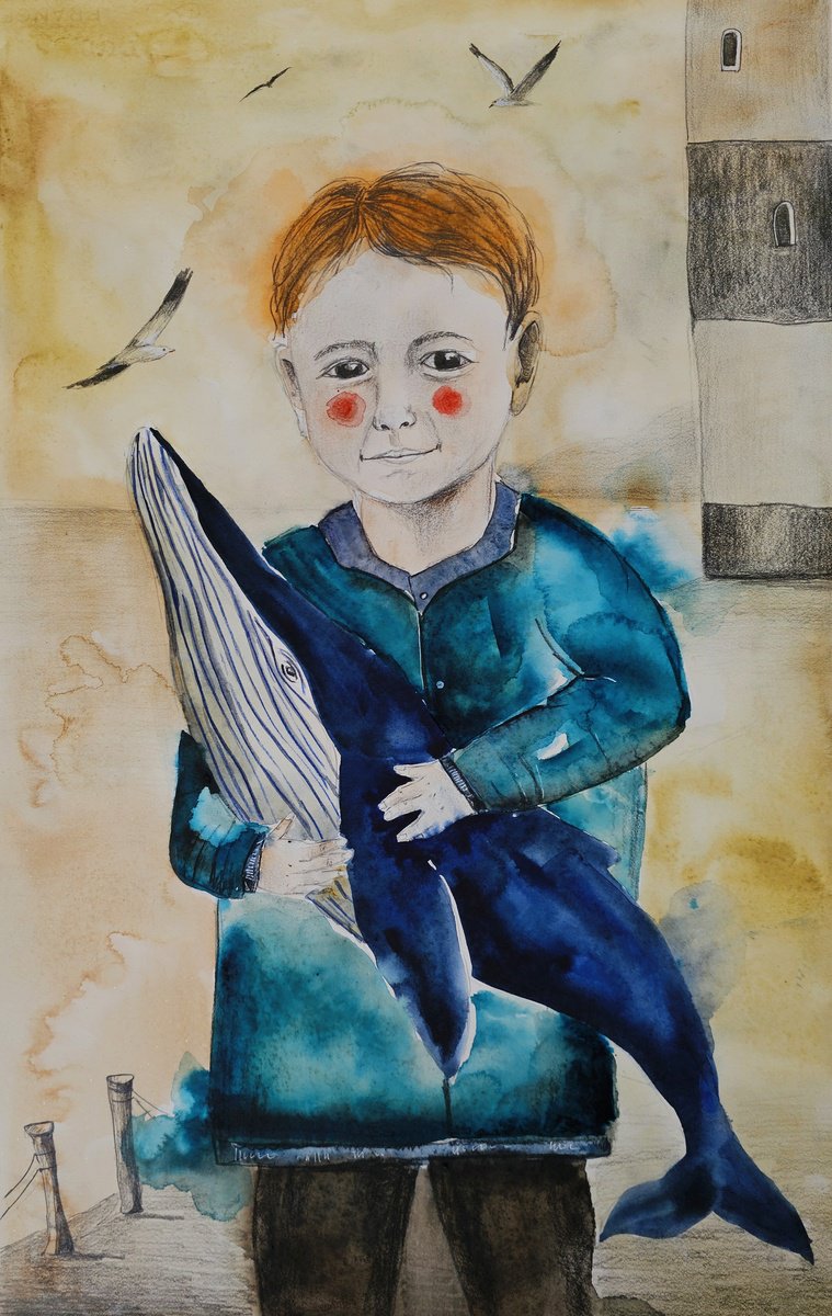 Surrealistic Portrait Watercolour By Evgenia Smirnova, 15 X 22, Dreamy Boy, Original Artwork