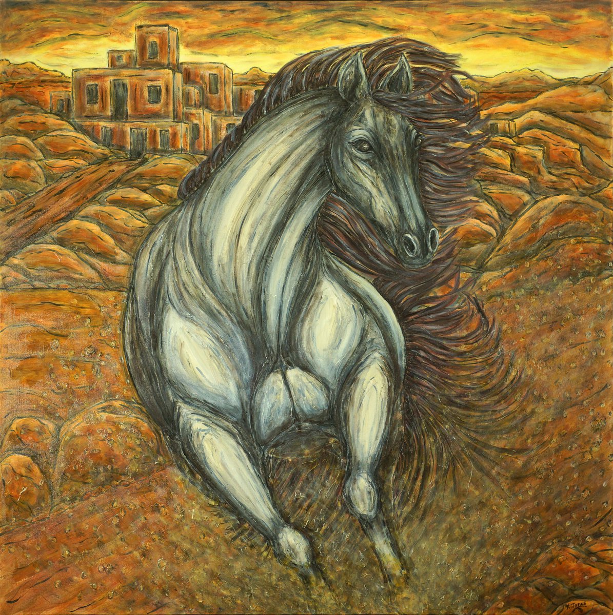 Impressionistic Animal Oil Painting By Kim Jones Miller, 48 X 48", The Winds Have Changed, Original Artwork