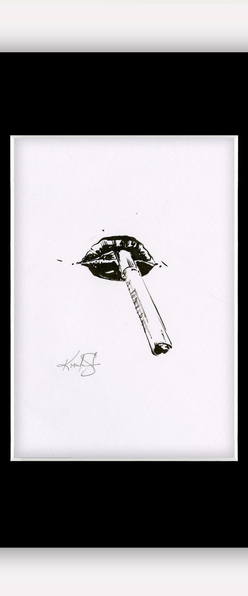 Sexy Lips 17 - Lips With Cigarette, Original Minimalist Ink Illustration by Kathy Morton Stanion by Kathy Morton Stanion