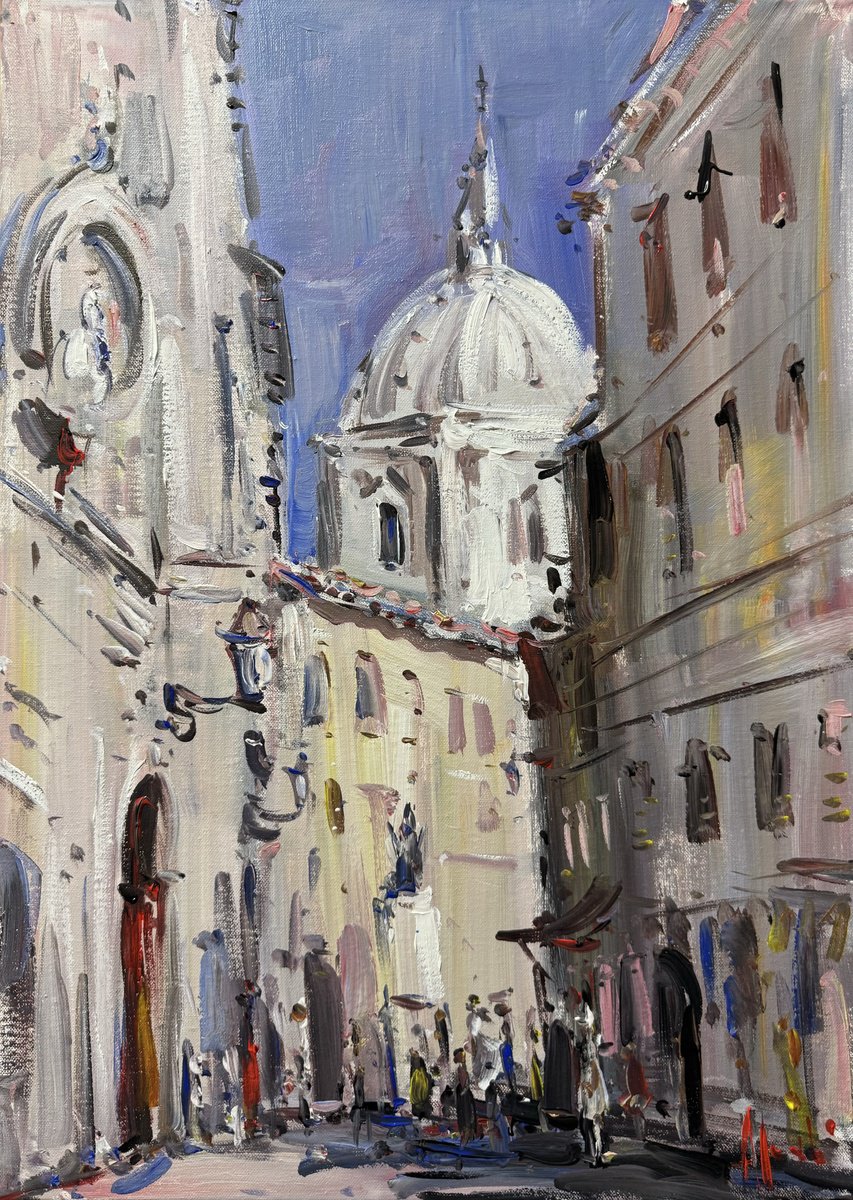 Impressionistic Cityscapes Acrylic Painting By Altin Furxhi, 20 X 28, Strada Di Roma, Original Artwork