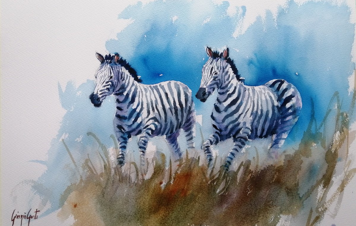 Impressionistic Watercolour , Zebras 4 By Giorgio Gosti, 21 X 14, Artwork For Sale On Artfinder