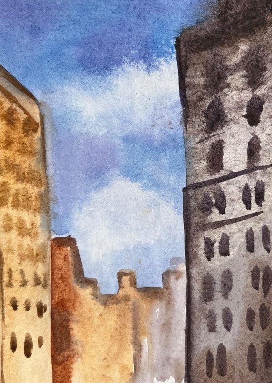 NYC Painting New York Original Art Cityscape Watercolor Artwork Small Wall Art 8 by 12" by Halyna Kirichenko