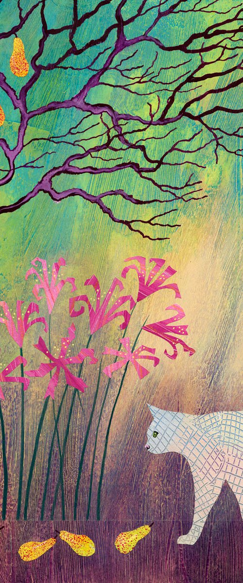 White Cat with Pink Nerines by Rebecca Vincent