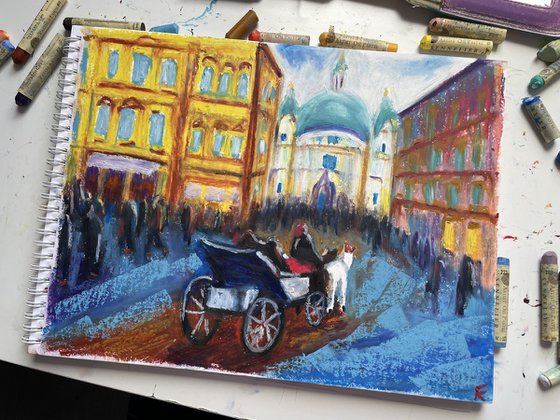 Vienna Painting, Austrian City Original Oil Pastel Drawing, Europe Illustration, Travel Gift