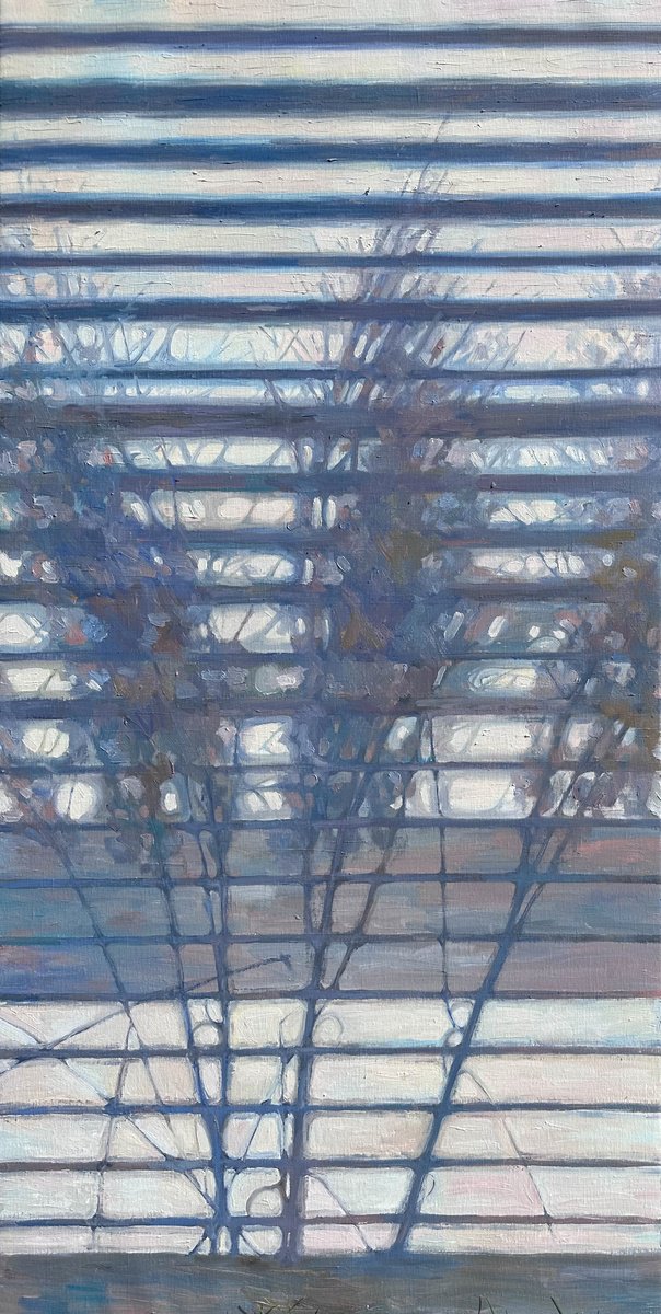 Expressive Botanical Oil Painting By Nataliya Lemesheva, 24 X 47", Shadow 11. Behind The Blinds, Original Artwork