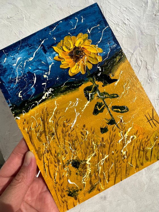 Sunflower Painting Floral Original Art Wheat Field Small Oil Impasto Flower Artwork Home Wall Art 6 by 8" by Halyna Kirichenko