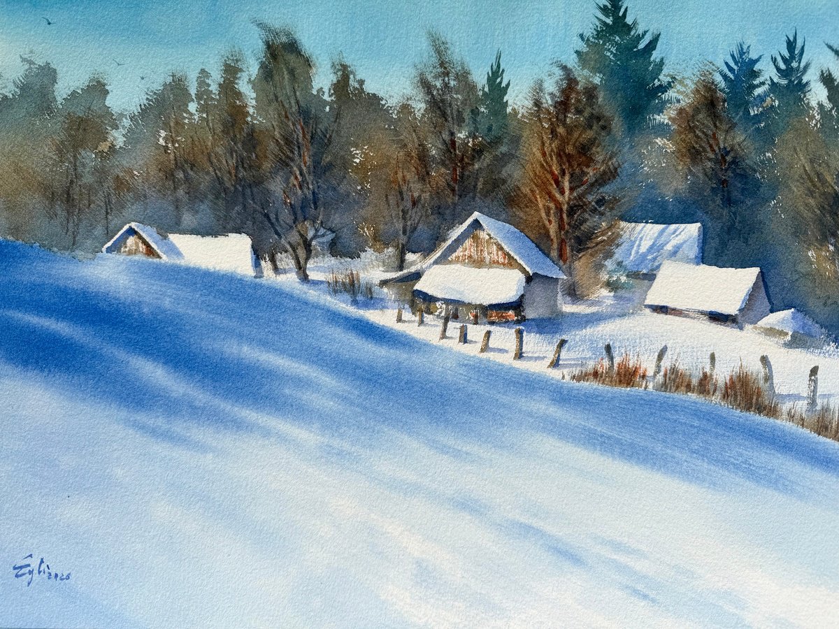 Impressionistic Watercolour , Winter In The Village By Egle Lipeikaite, 16 X 12, Artwork For Sale On Artfinder