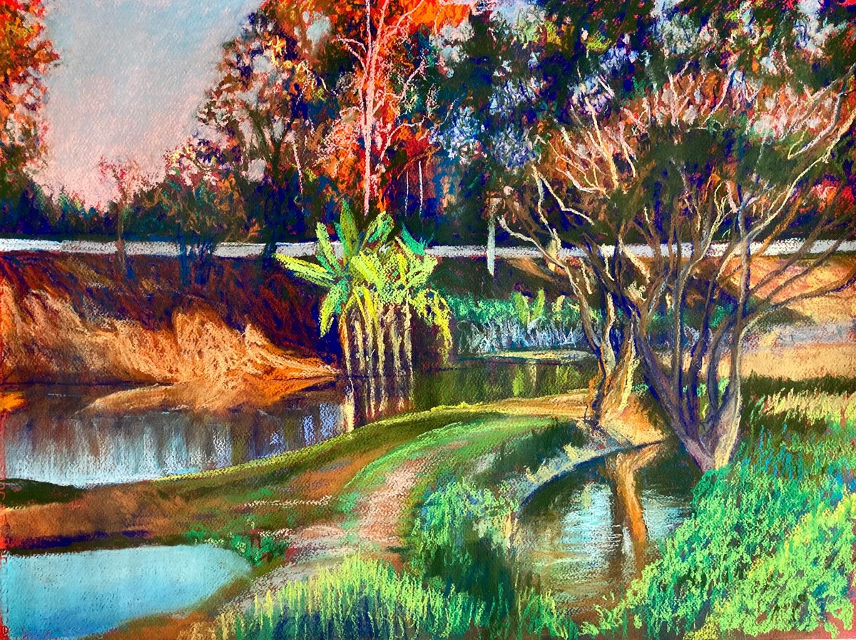Impressionistic Landscape Pastel Drawing By John Cottee, 28 X 20, Trees & Water, Original Artwork