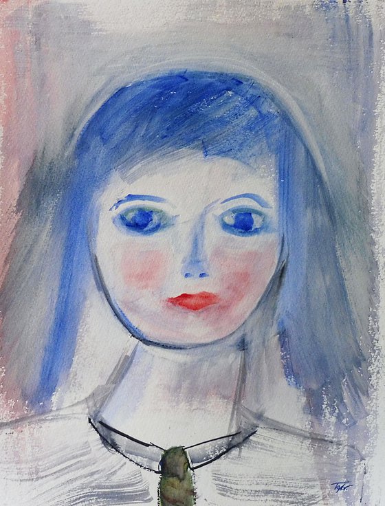 GIRL PORTRAIT BLUE HAIR, Green Tie, Sketch Study. Original Female Portrait Watercolour Painting.