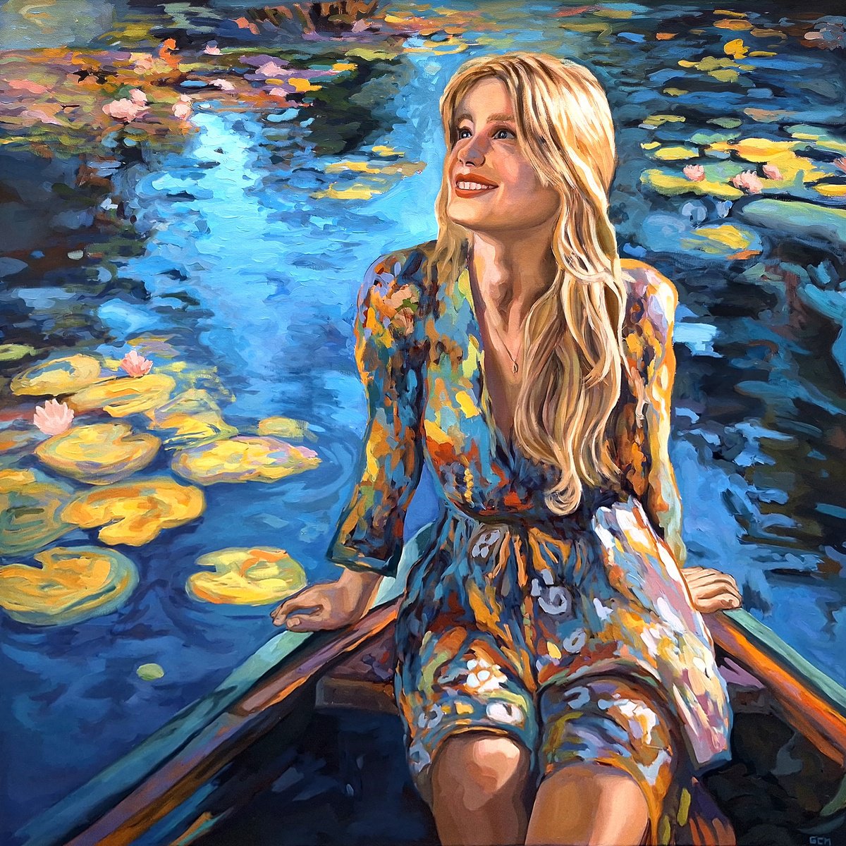 Photorealistic Landscape Oil Painting By Gabriel - Cristian Matei, 35 X 35, Journey Among The Water Lilies At Sunset, Artfinder
