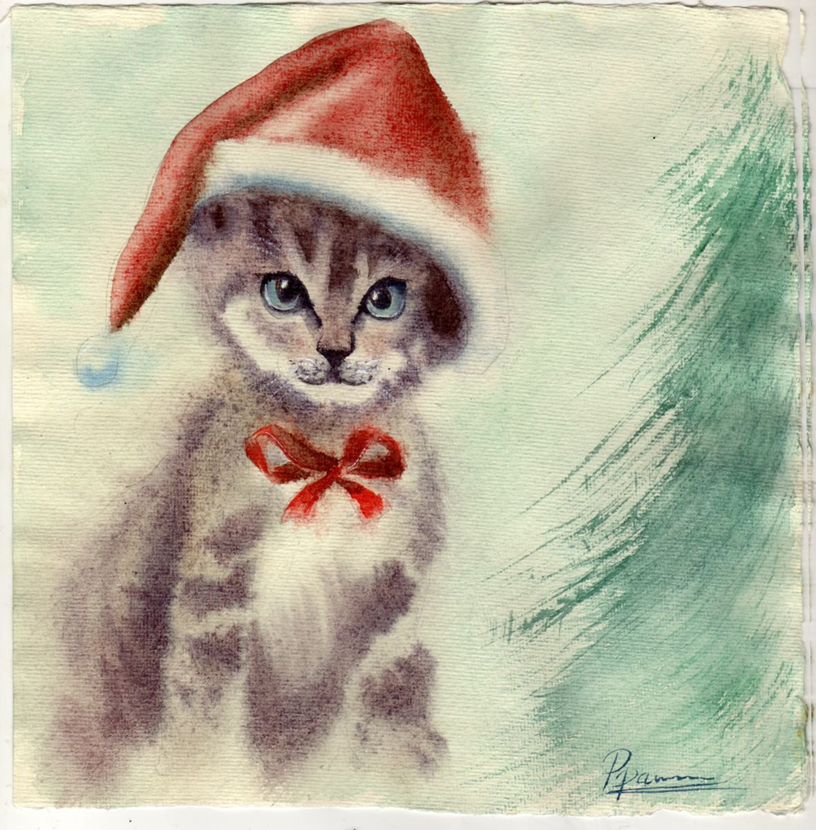 Original Watercolor Cat in the hat Painting by Olga Shefranov (Tchefranova)