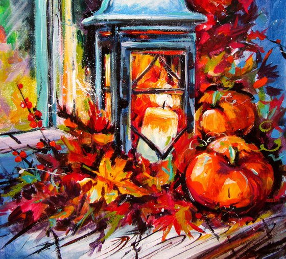 Autumn lantern by the window