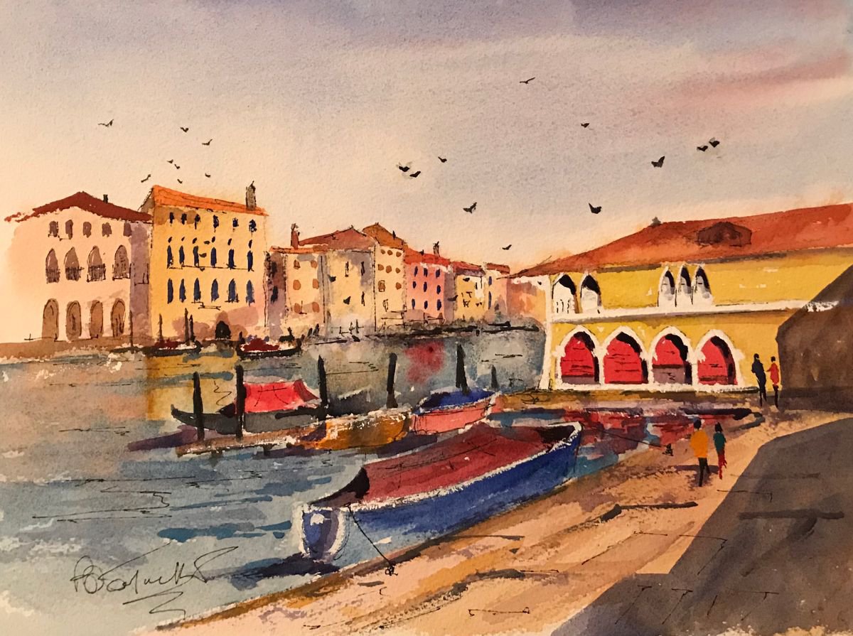 Impressionistic Landscape Watercolour By Brian Tucker, 14 X 10, Venice, The Fish Market, Original Artwork